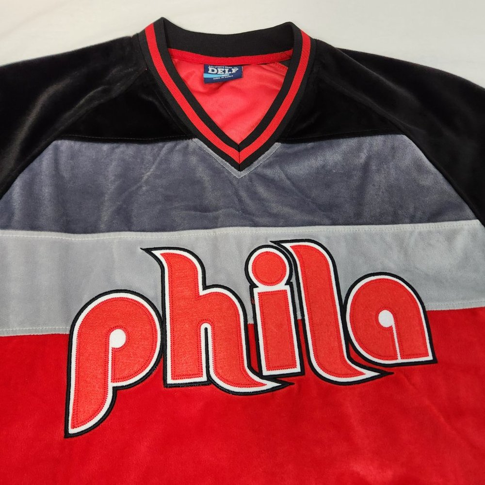 Y2K Vintage Spell Out "phila" Baseball Streetwear Velour Jersey Sweater Size XL. - Picture 8 of 16